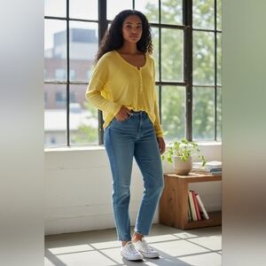 POL Yellow Lightweight Knit Henley Sweater Boho Button Long Sleeve Smal-oversize